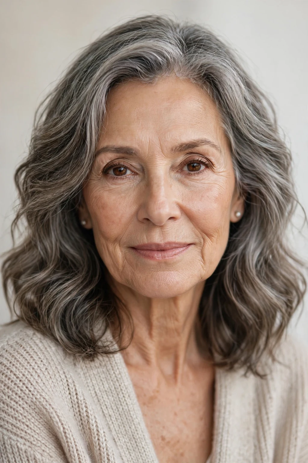 Elegant woman over 70 with shoulder-length waves, soft natural waves, chic relaxed light.