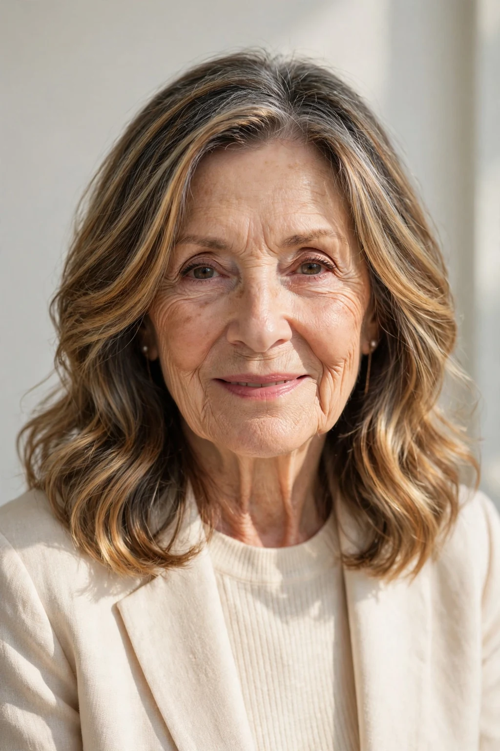 Elegant woman over 70 with shoulder-length balayage, hand-painted dimensional color, sunlit photo.