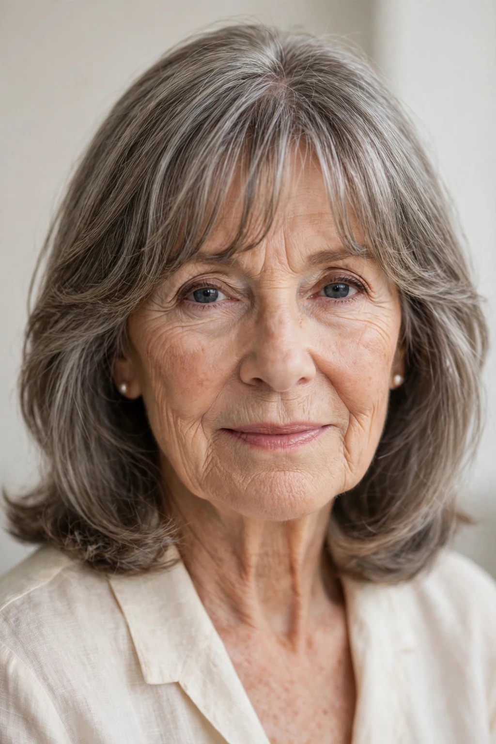 Elegant woman over 70 with shoulder-length hair and curtain bangs, soft parted fringe, flattering light.