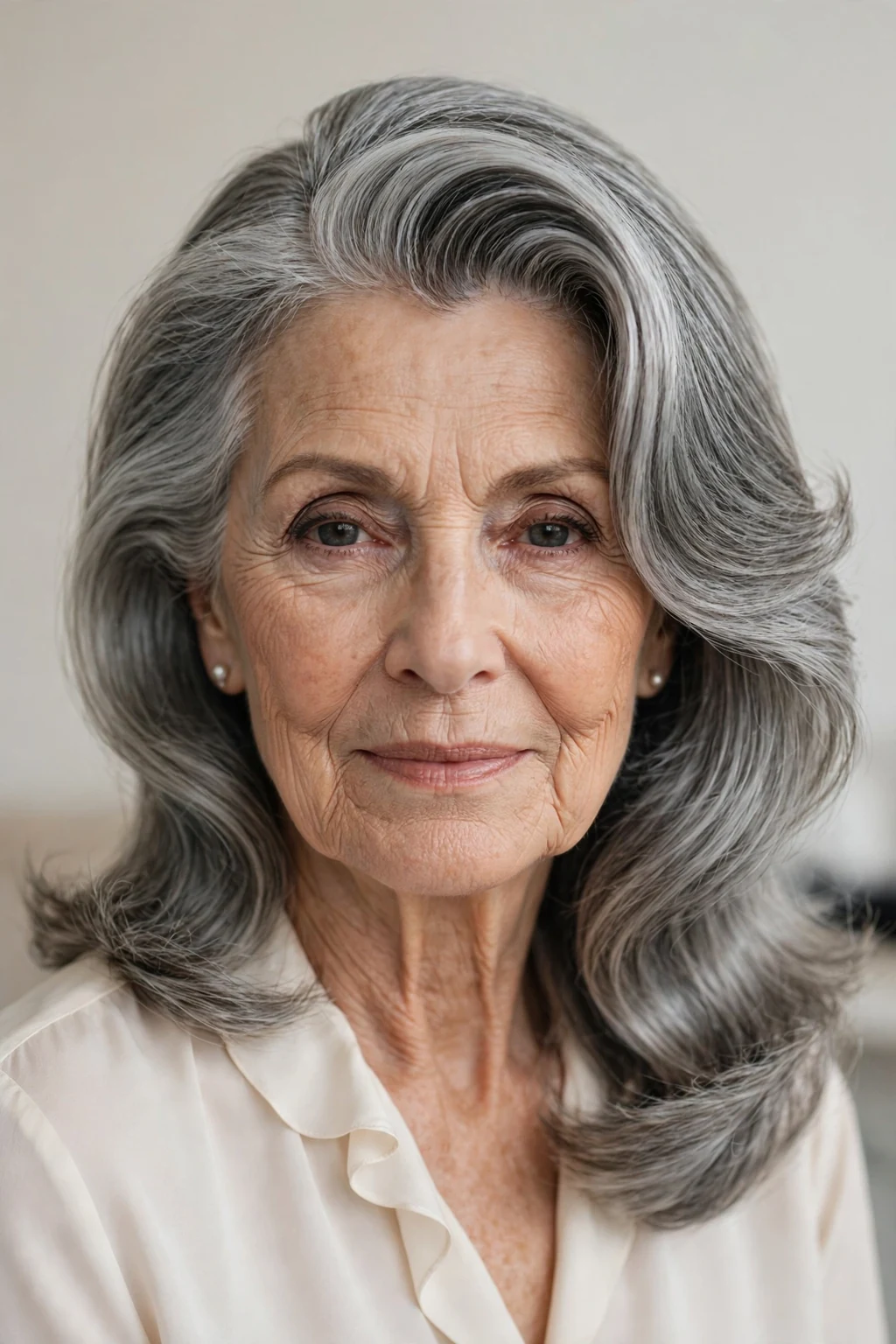 Elegant woman over 70 with shoulder-length hair and deep side part, dramatic elegant sweep, refined light.