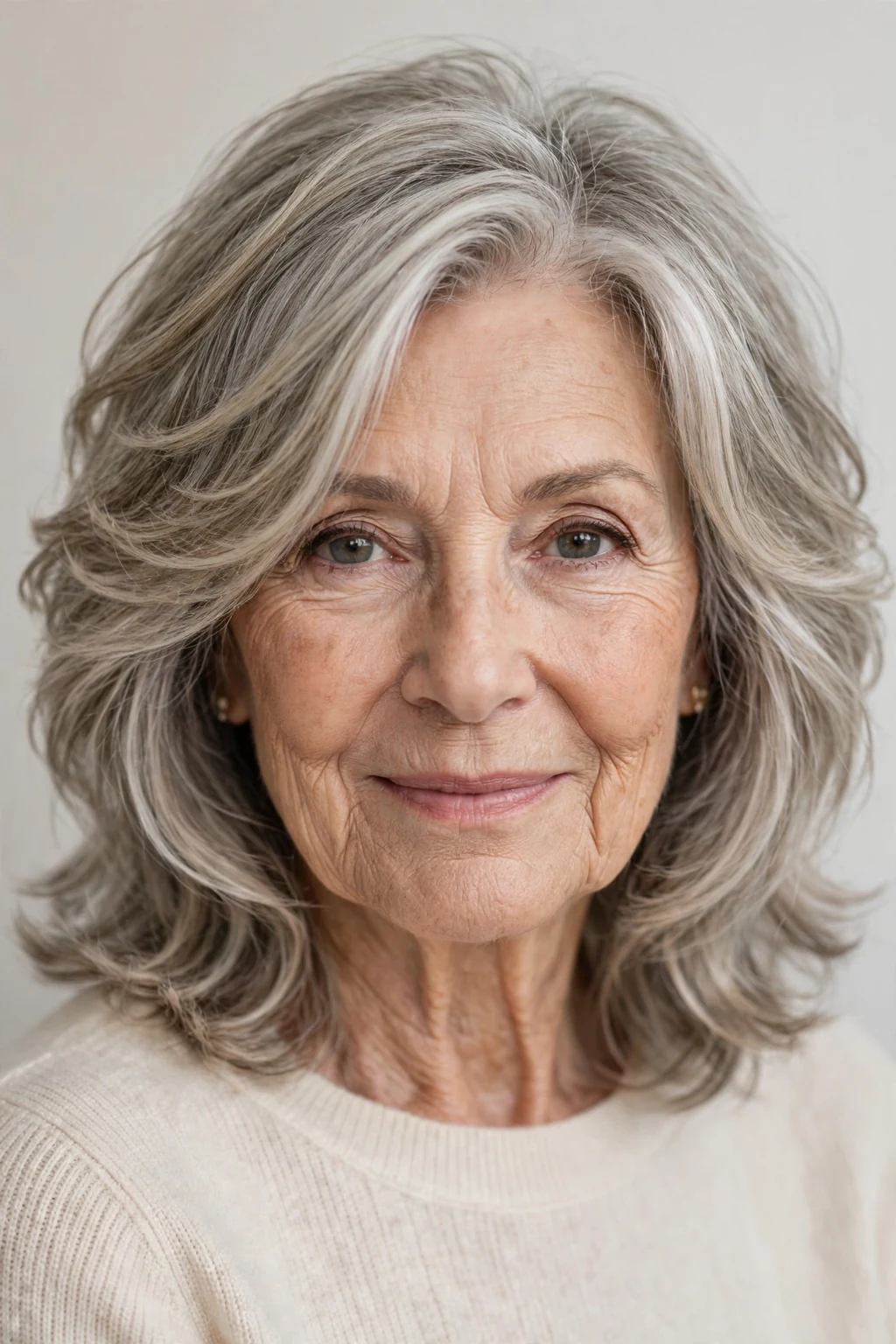 Elegant woman over 70 with face-framing shoulder-length layers, contouring pieces, flattering light.