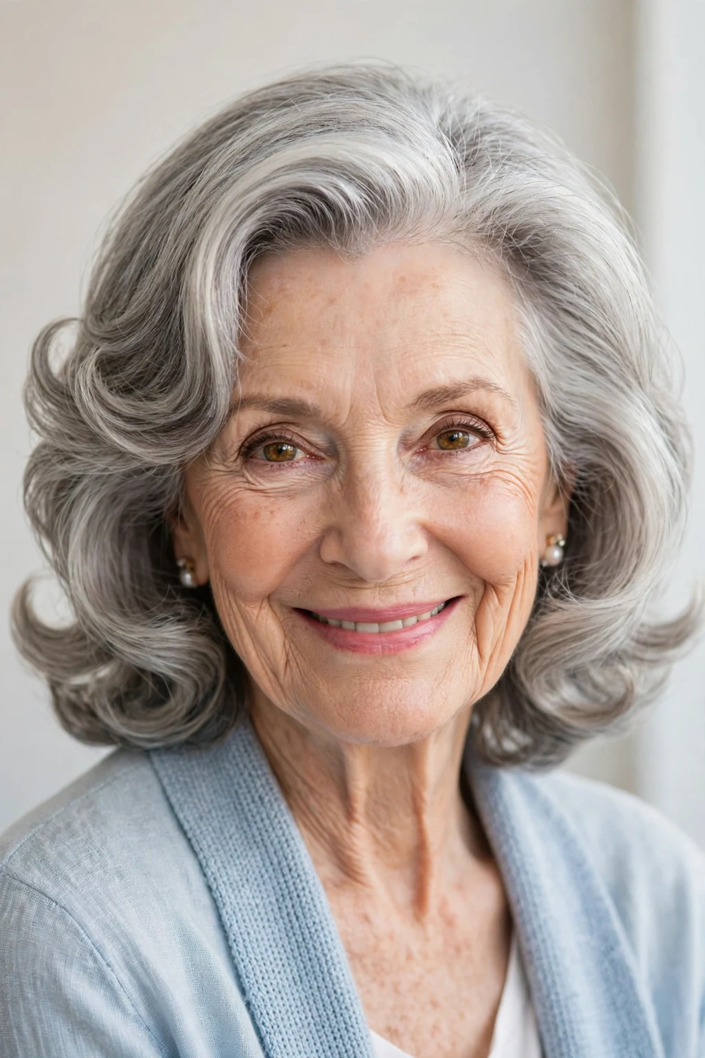 Elegant woman over 70 with shoulder-length flipped ends, bouncy polished finish, playful light.