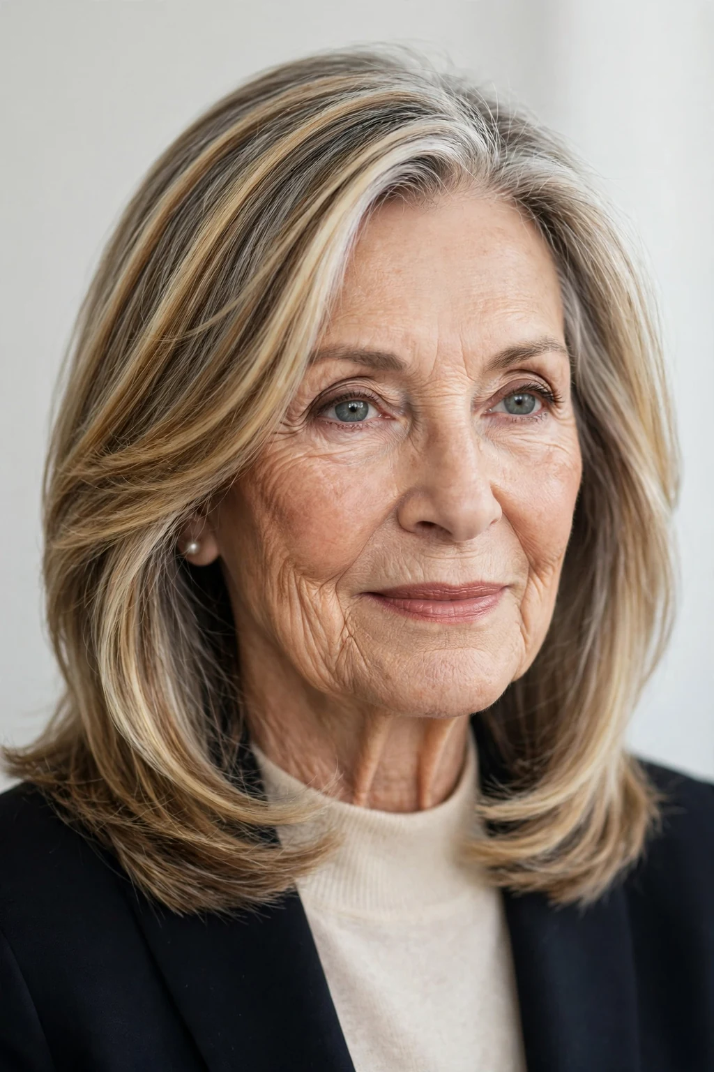 Elegant woman over 70 with highlighted shoulder-length hair, dimensional radiant color, luminous light.