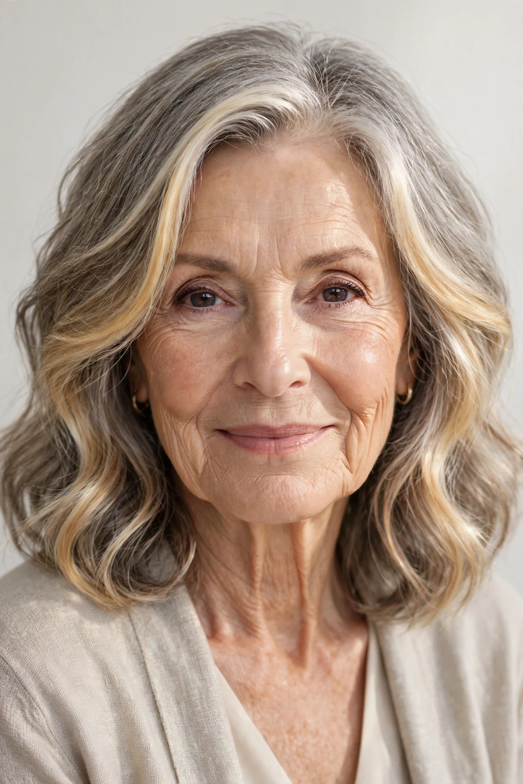 Elegant woman over 70 with shoulder-length money piece, bright face-framing color, radiant light.