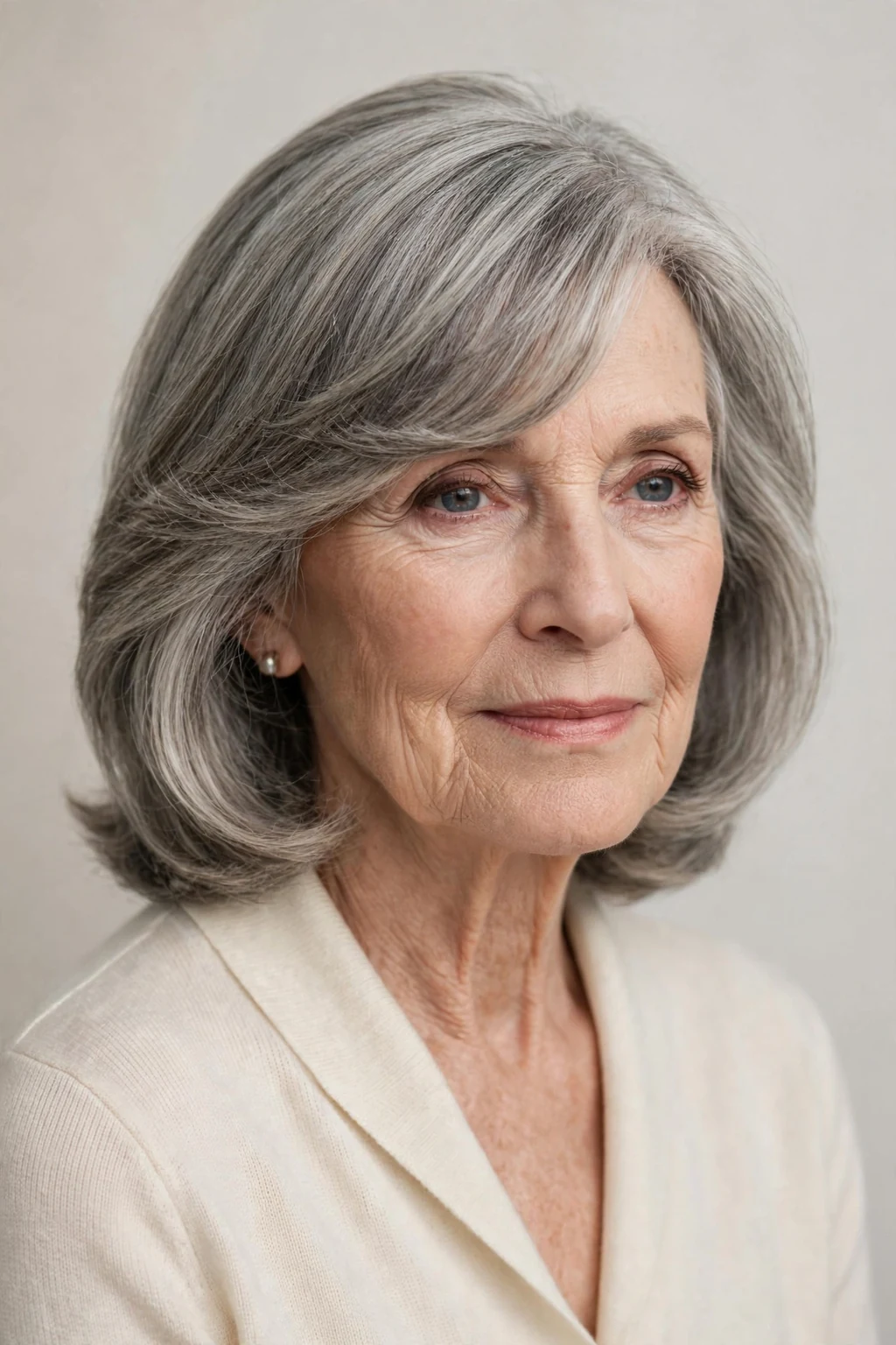 Elegant woman over 70 with shoulder-length hair and side-swept bangs, graceful diagonal fringe, chic light.