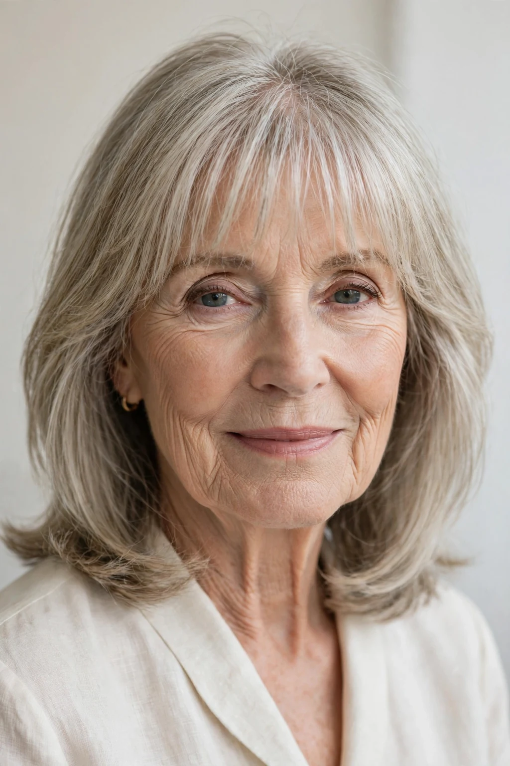 Elegant woman over 70 with shoulder-length hair and wispy fringe, delicate airy bangs, gentle light.