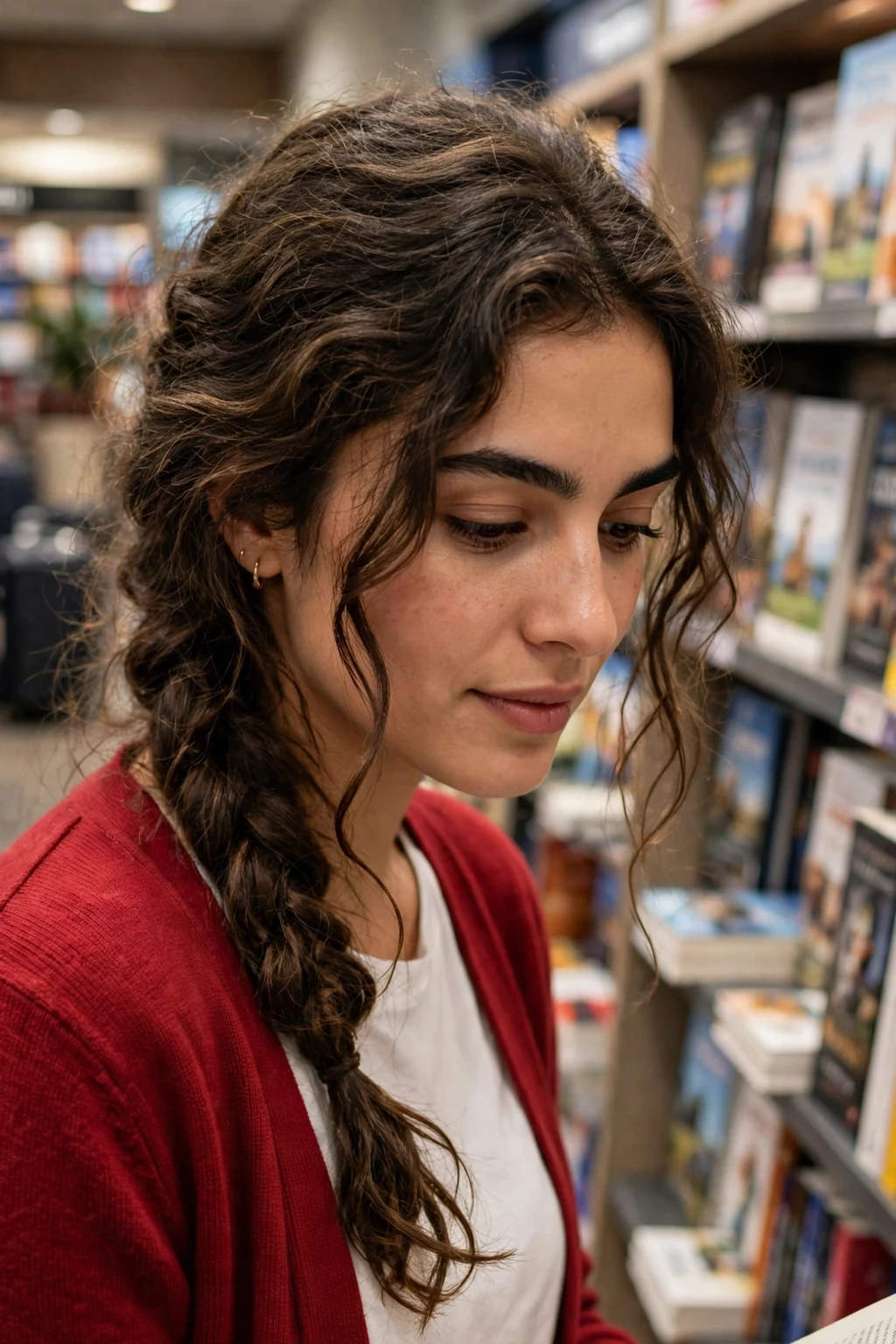 Young woman with a loose side braid hairstyle at an airport bookstore, wearing a red cardigan.