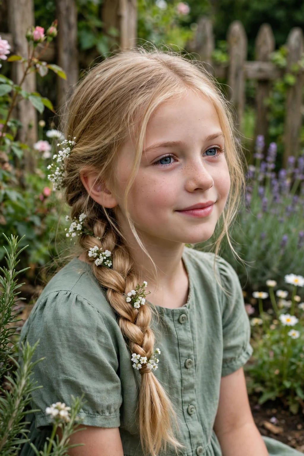 A dreamy young girl with a side braid decorated with small flowers, wearing a sage green dress in a cottage garden.