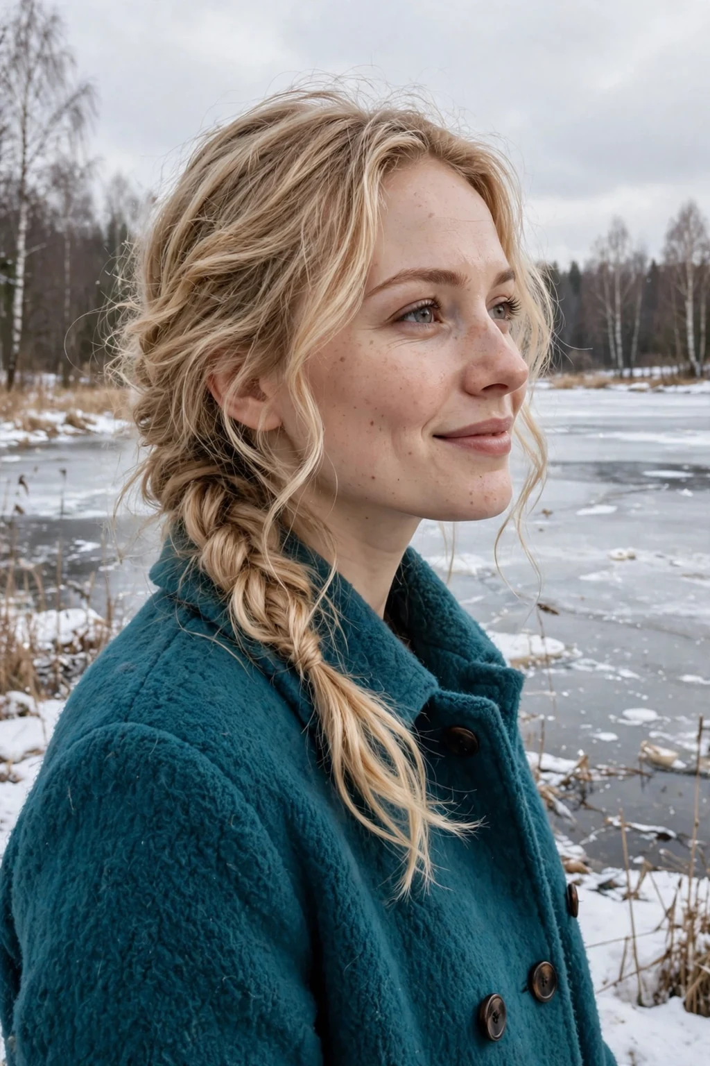Young woman with a loose side braid and soft waves, wearing a teal coat beside a frozen lake.