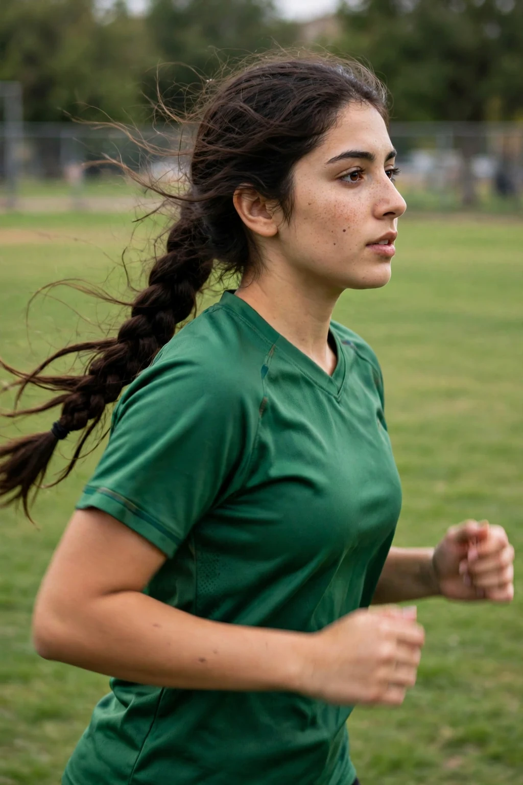 Young softball player with a side braid ponytail, jogging on the field.