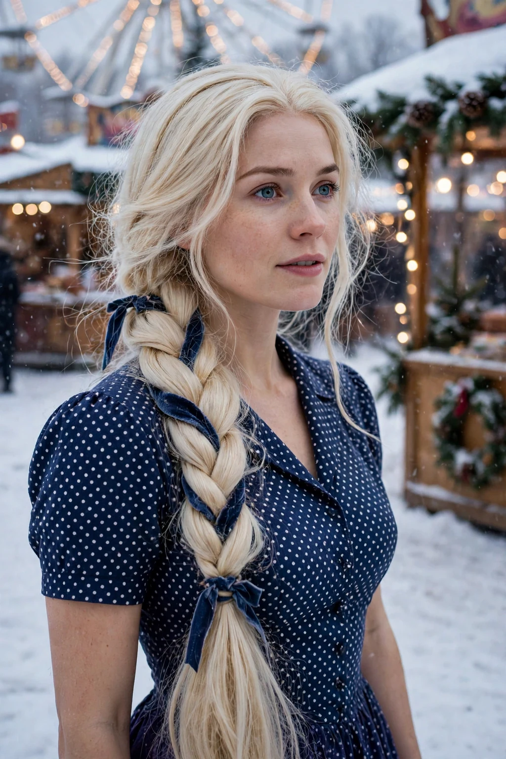A young Russian woman in her early 30s with very long platinum-blonde hair in a side braid with ribbons, wearing a navy polka-dot dress at a winter fairground.