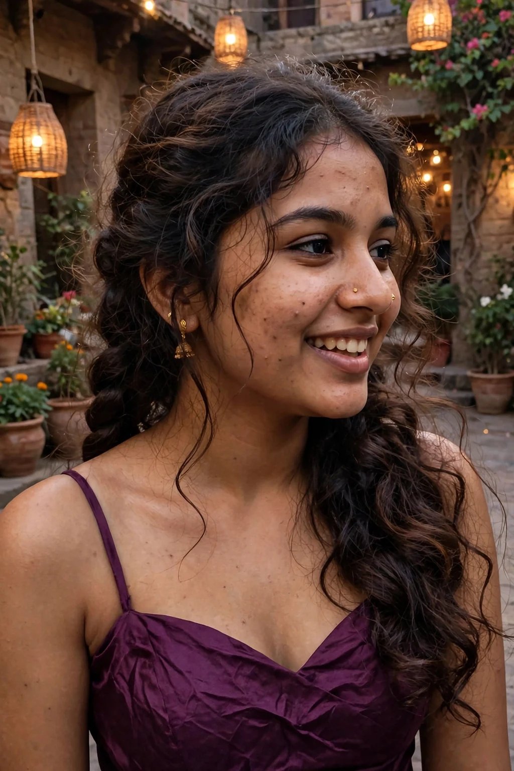 A young woman with long hair in a loose side braid with voluminous curls.
