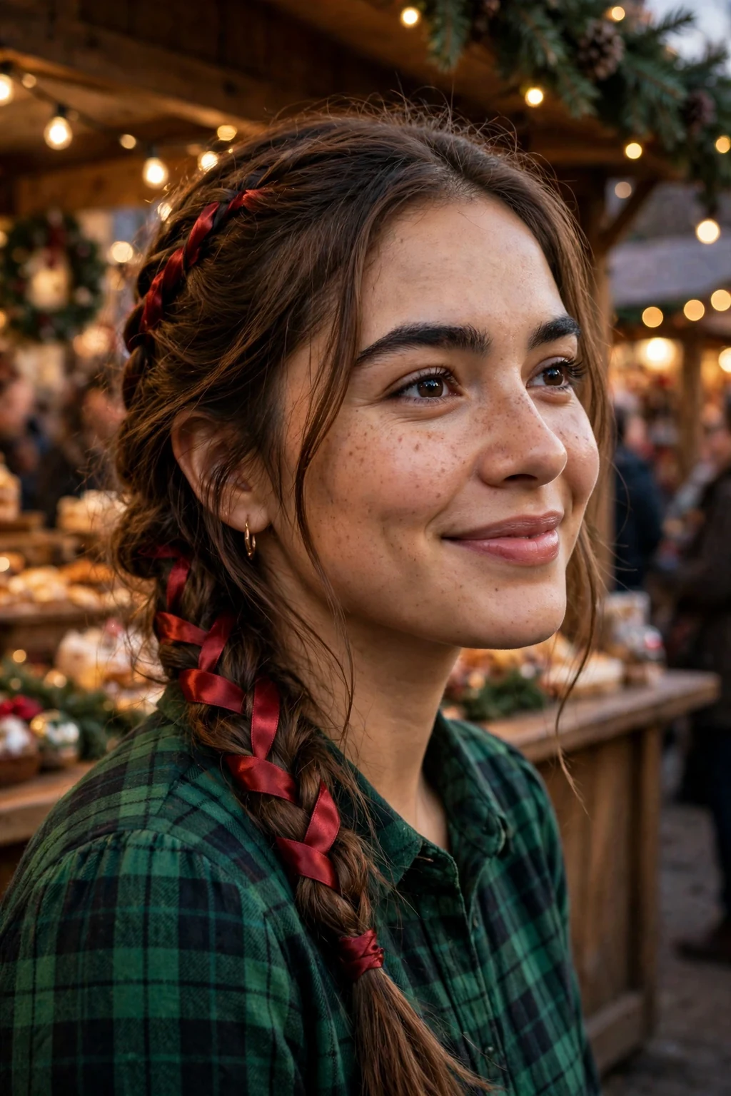 Young woman with a side braid woven with red ribbon, wearing a green plaid dress.