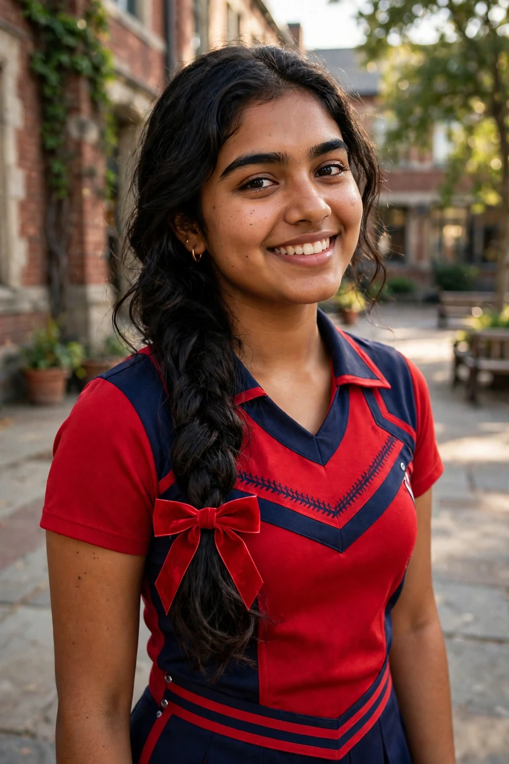 Young cheerleader with a side braid and a red bow, standing in a library courtyard.