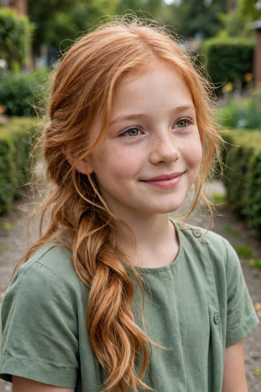 A young girl with a side braid and soft waves smiling for her school picture.