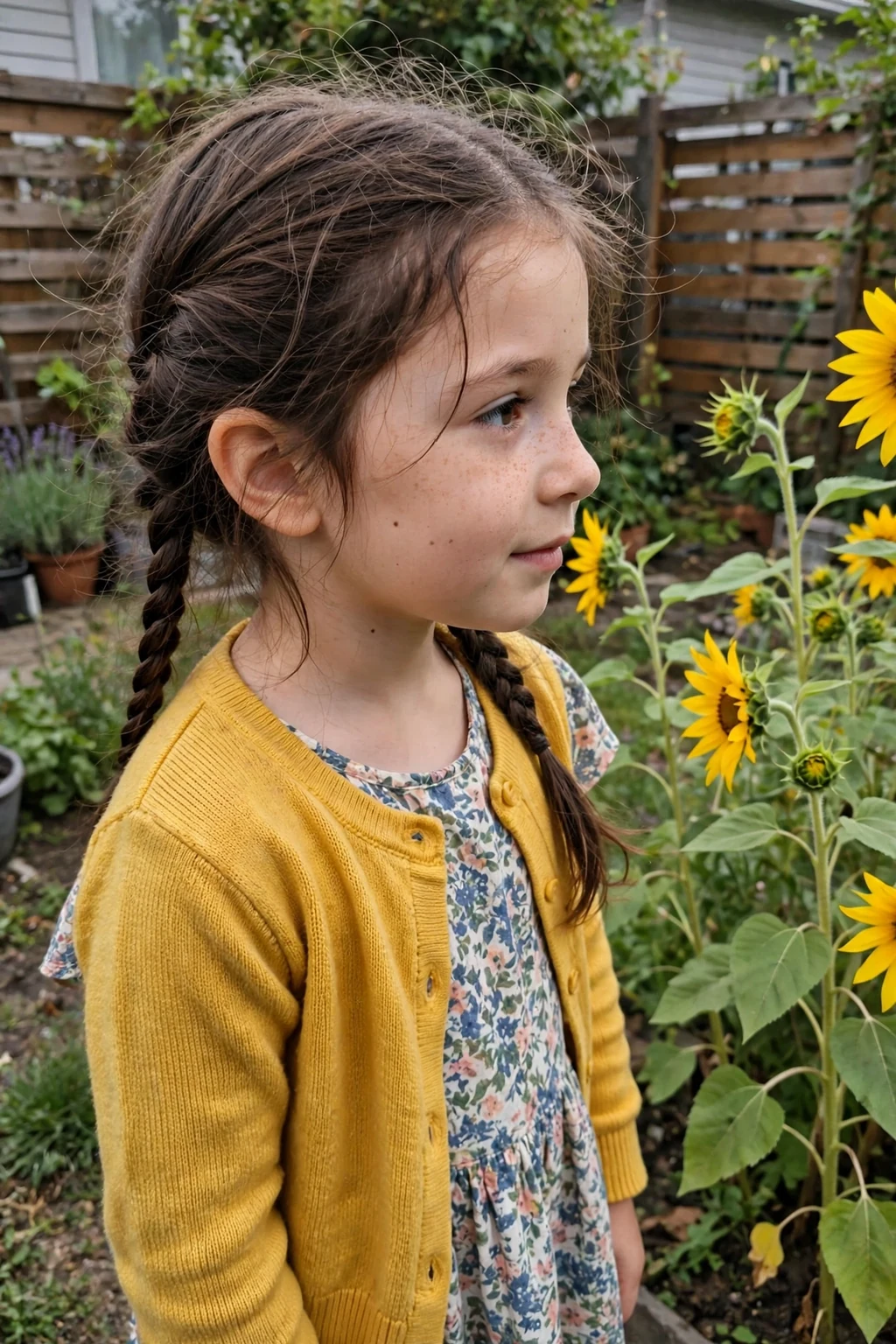 A young girl with side braided pigtails tied with ribbons, standing in a garden full of sunflowers.