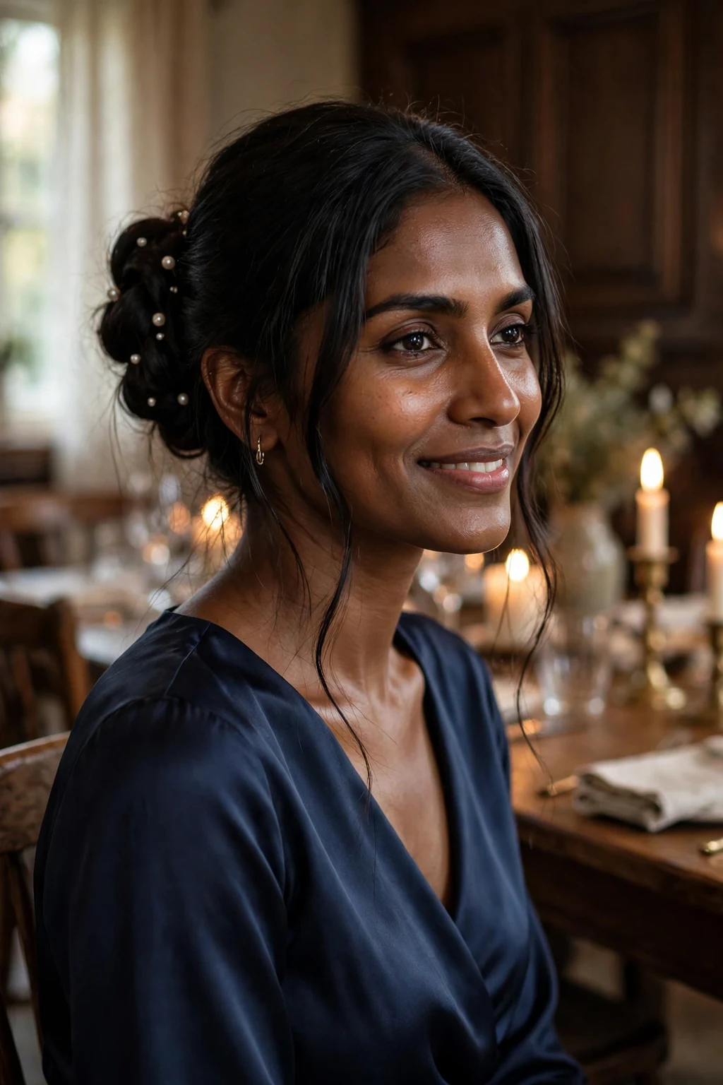 Young woman with an elegant side bun with pearl pins in a candlelit dining room.
