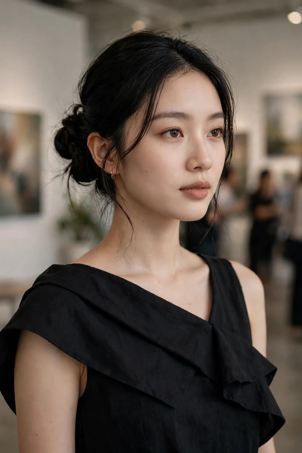 Beautiful woman with side bun updo, chic side bun, asymmetrical light.