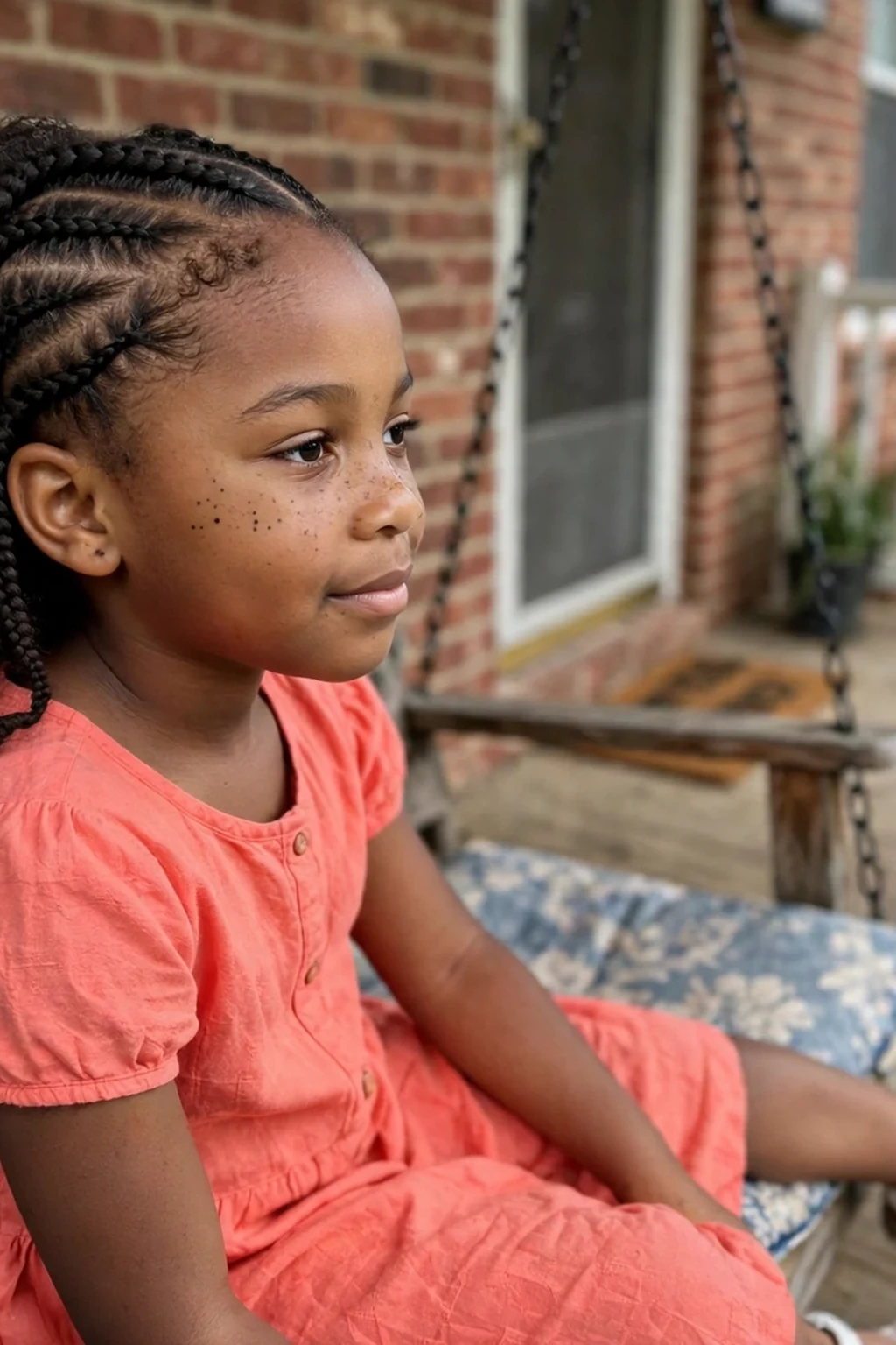 A young Black girl with side cornrows leading into loose defined curls, sitting on a porch swing.