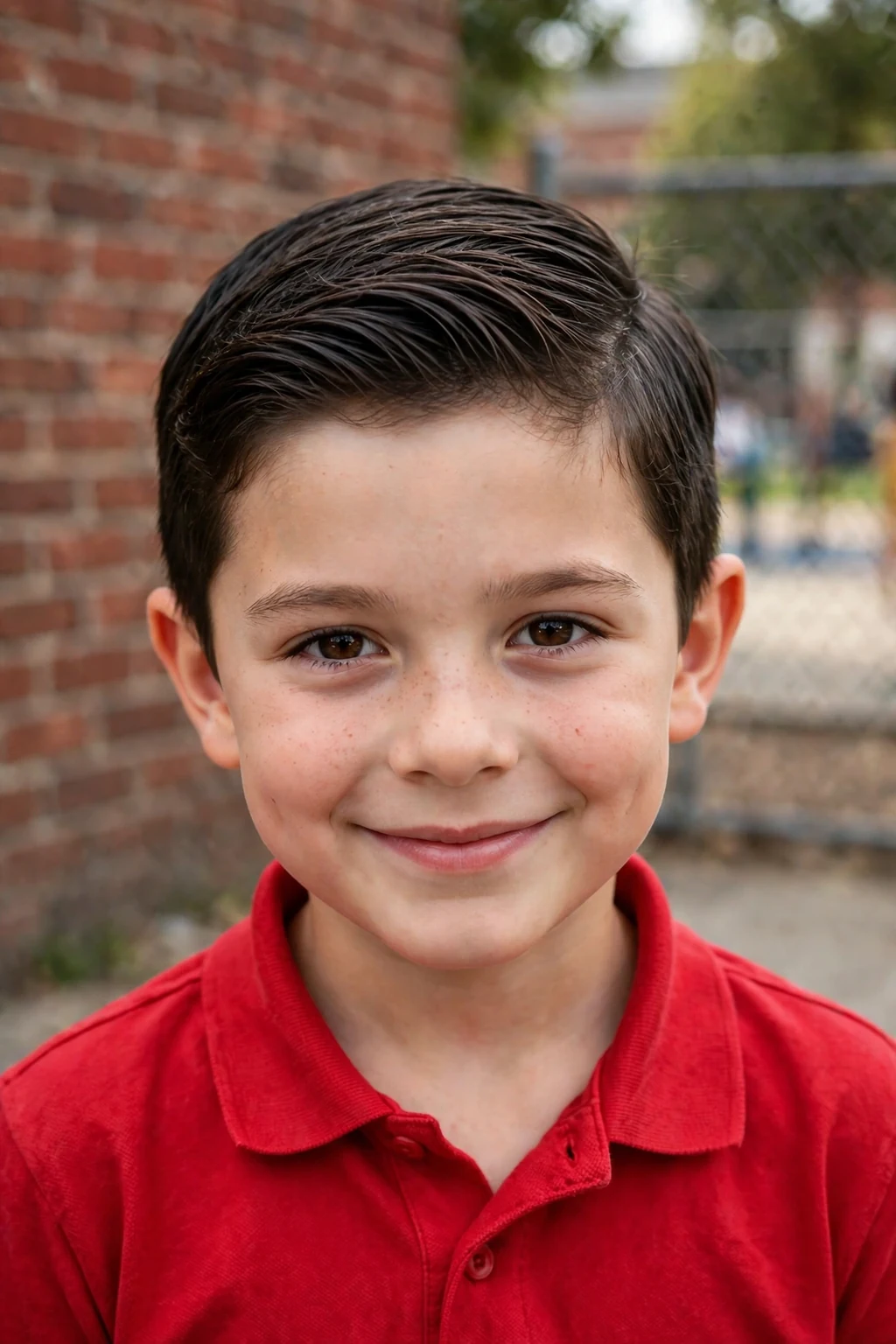 A smart young boy with a side part comb-over haircut, wearing a red polo shirt in a schoolyard.