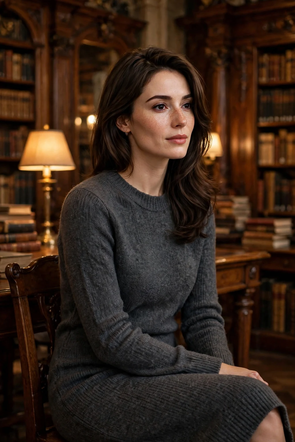 Young woman with side-part long layers, sitting in a library wearing a charcoal sweater dress.