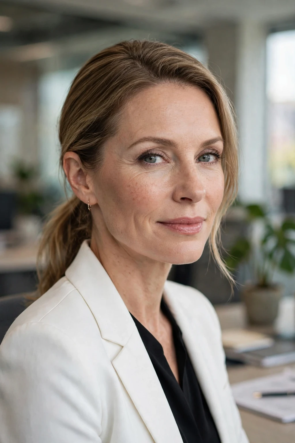 Beautiful woman with low pony with side part, elegant side-part low pony, sophisticated light.