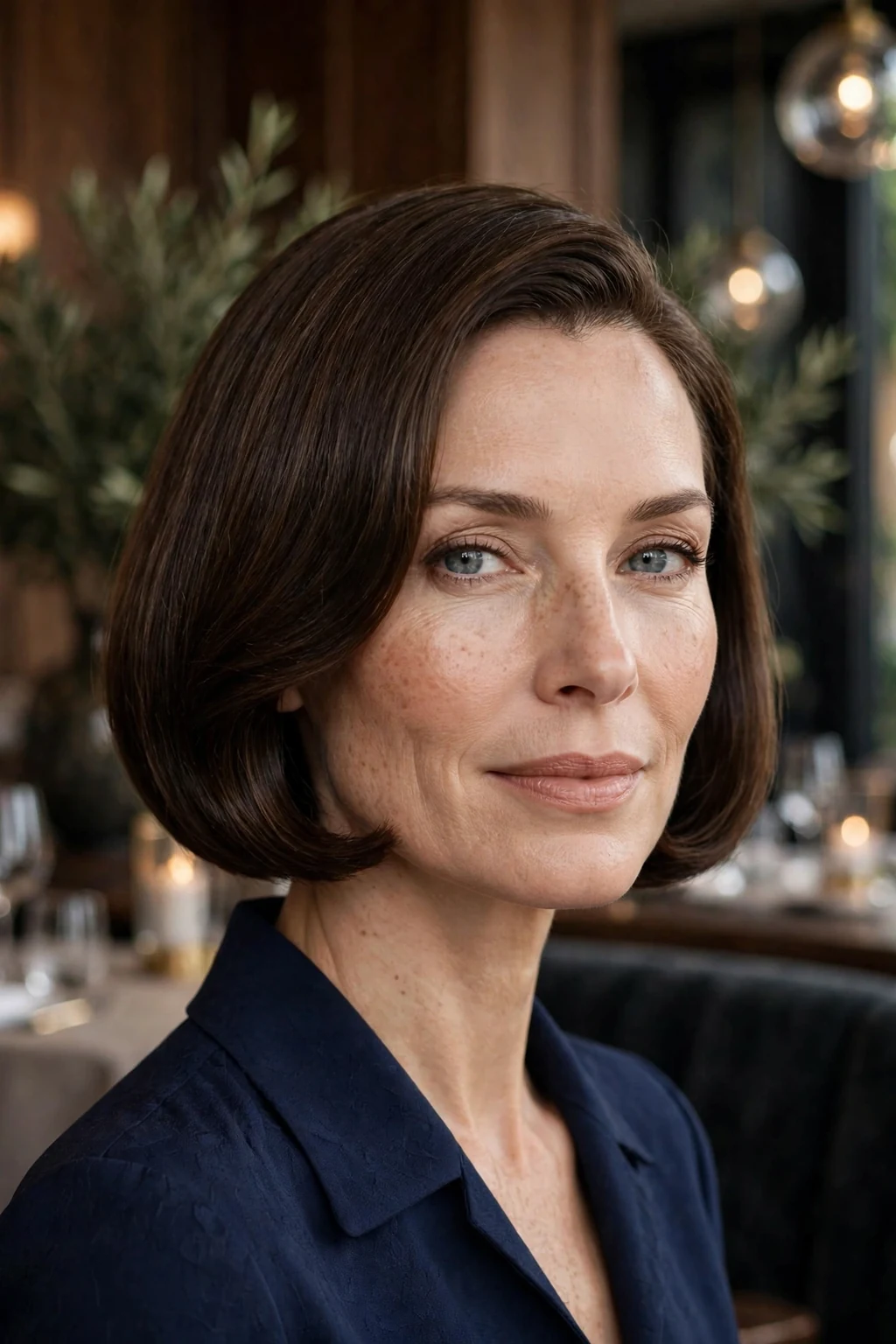 Beautiful woman with side-part old money bob, elegant side-part bob, sophisticated light.