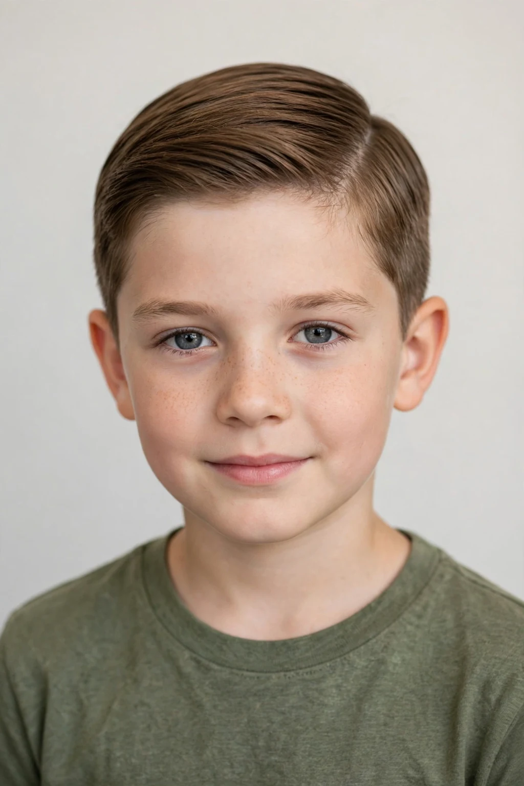 Young boy with side part short cut, neat parted style, polished light.
