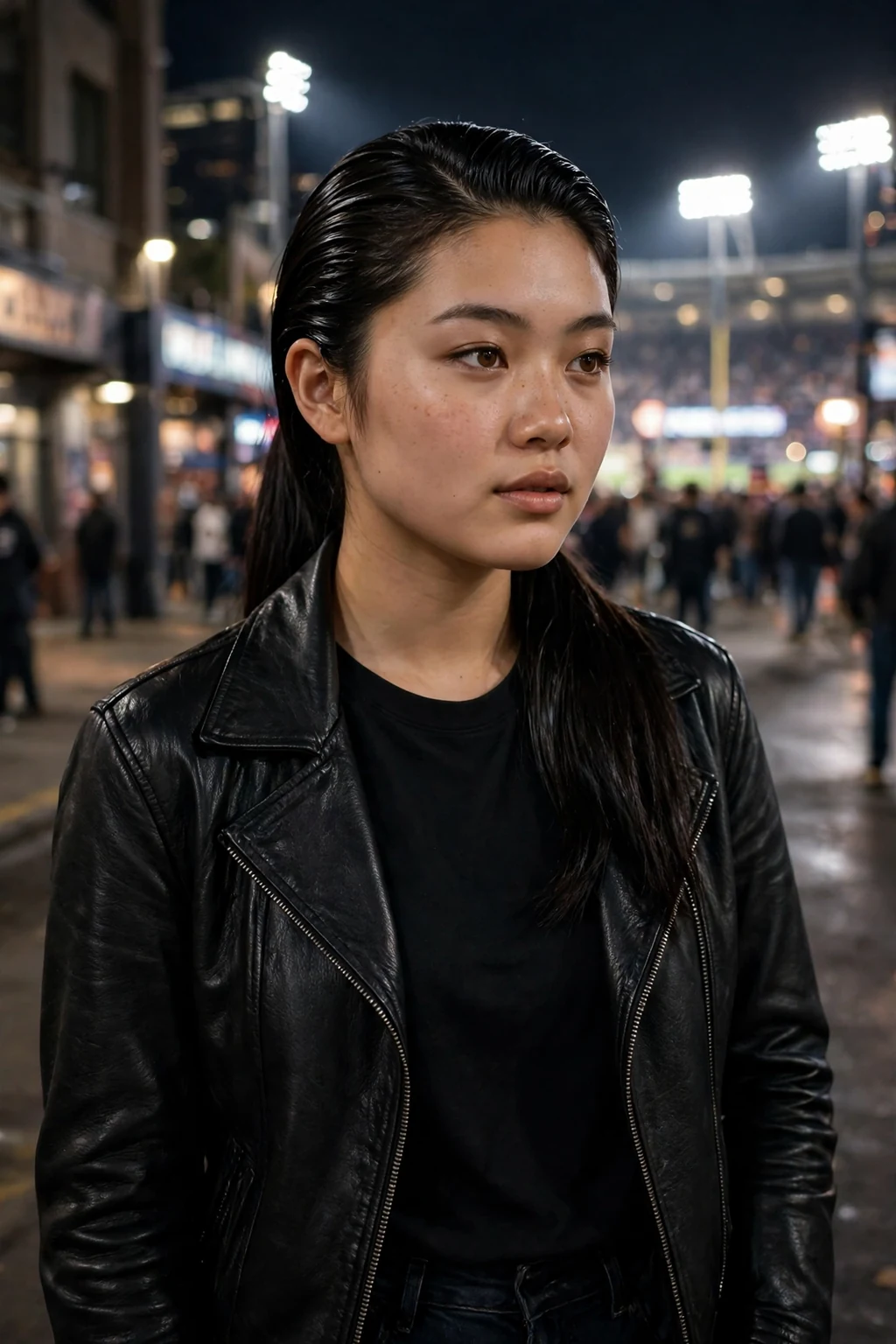 Young woman at a night game in a leather jacket with a side part slick ponytail.