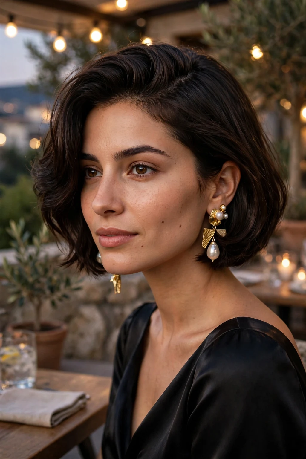 Young Greek woman with a side-parted bob on a restaurant terrace in a black dress.