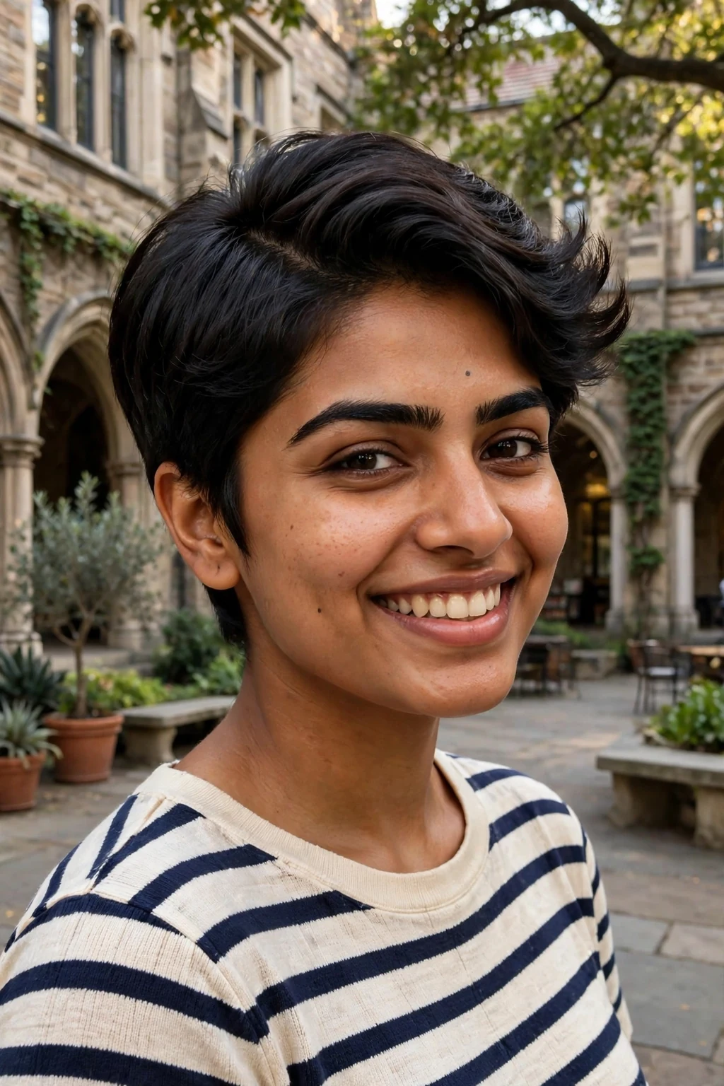 A young woman with a side-parted pixie, a deep side part with neat volume on one side.