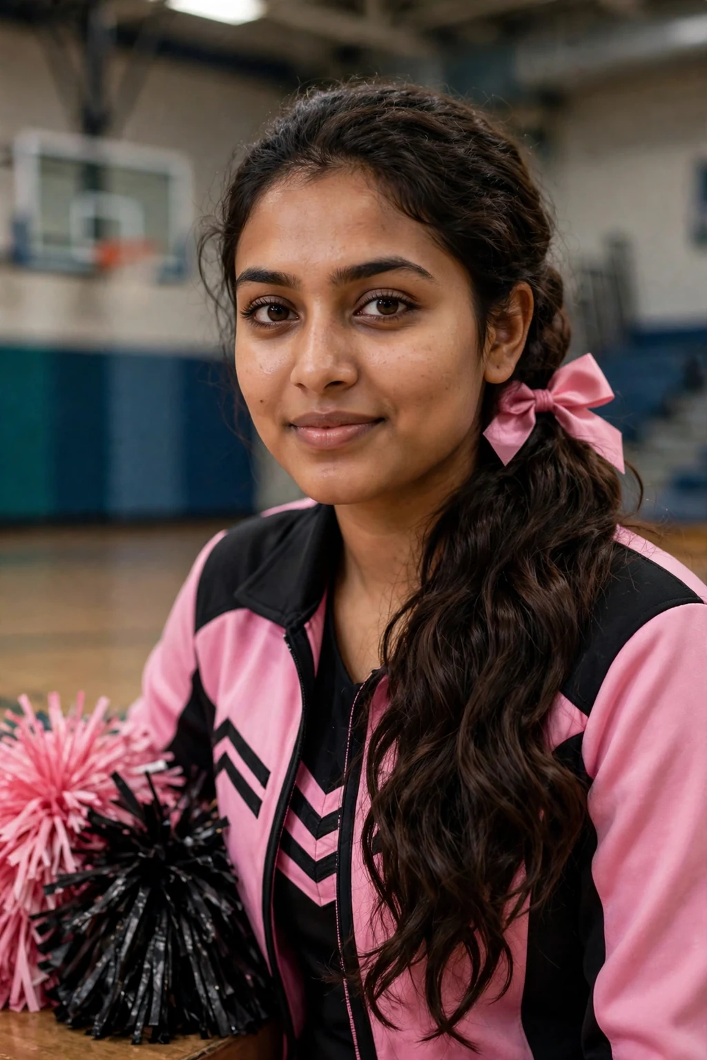 Young cheerleader with a side ponytail and a pink bow, standing beside cheer pom-poms in a gym.