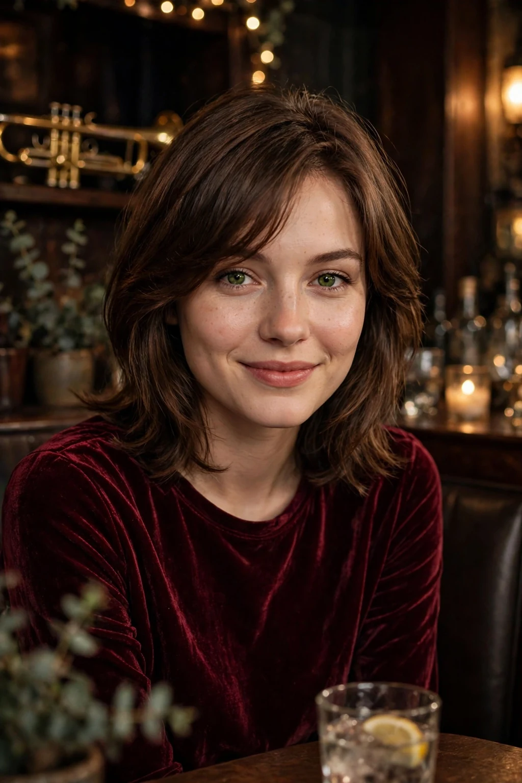 Young woman with side-swept bang layers, sitting in a jazz club wearing a burgundy velvet top.