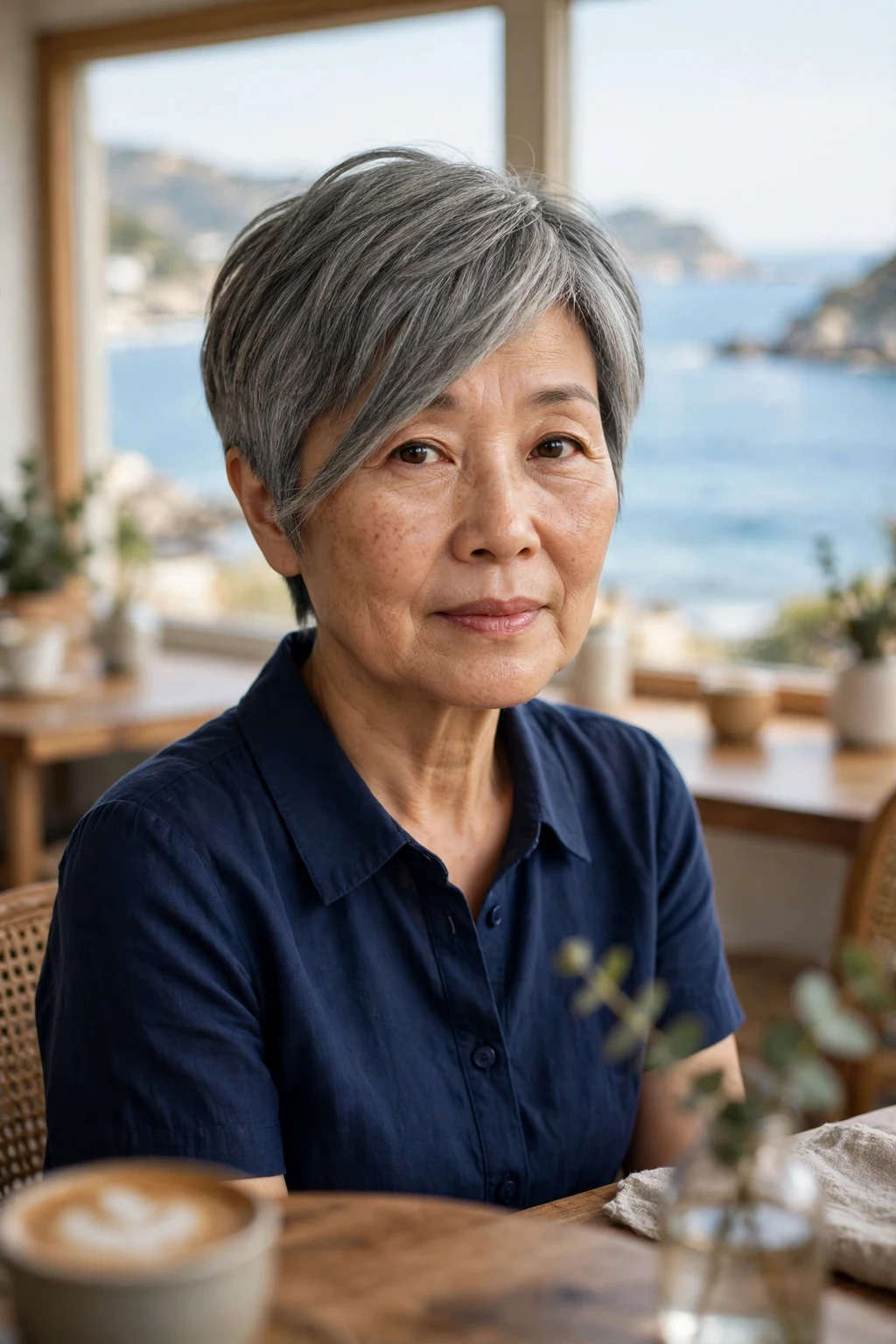 A woman in her late 50s with a gray pixie cut and long side-swept bangs, wearing a navy dress in a coastal cafe.