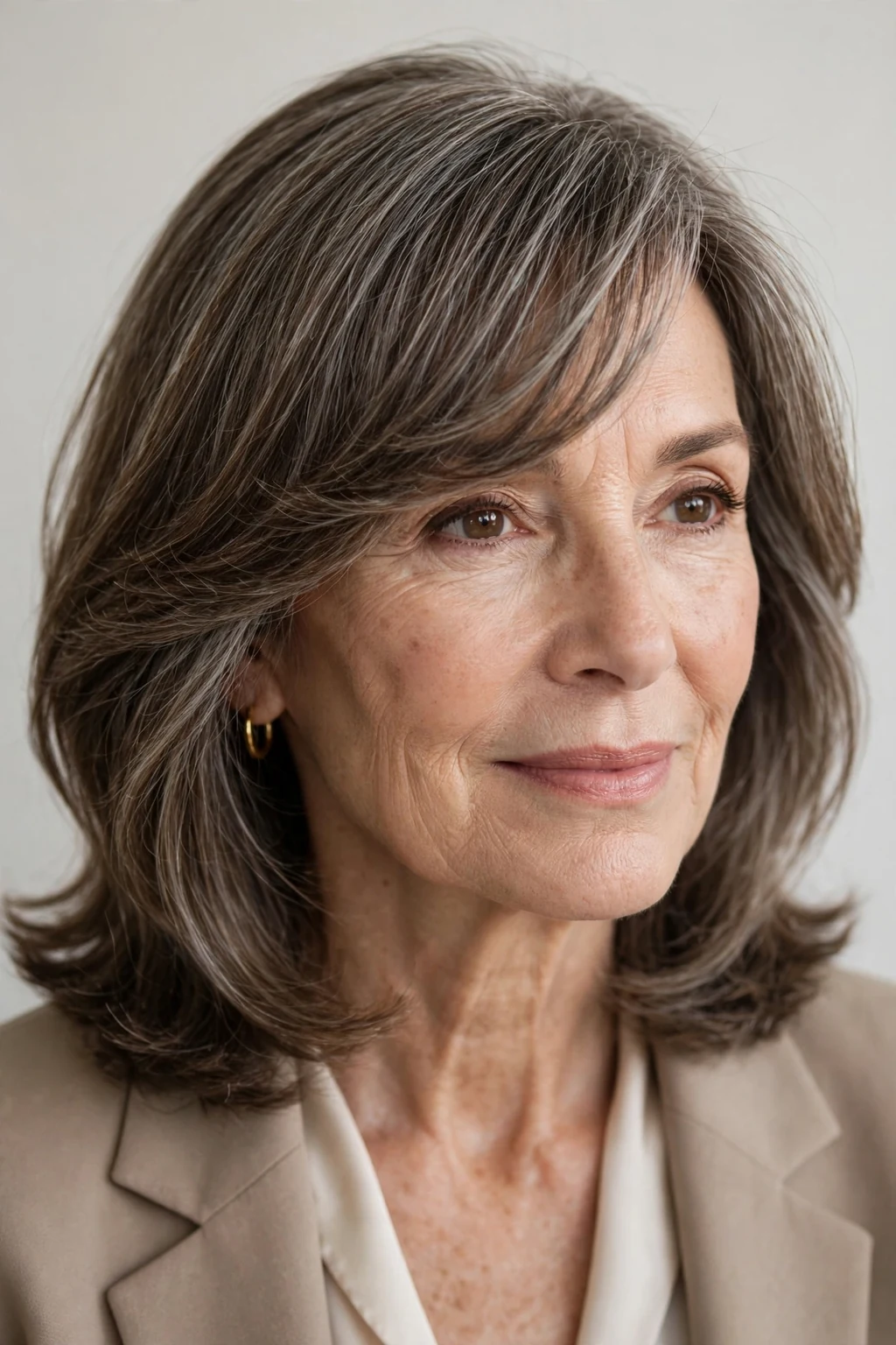 Elegant older woman with side-swept bang shoulder cut, graceful diagonal fringe, chic light.