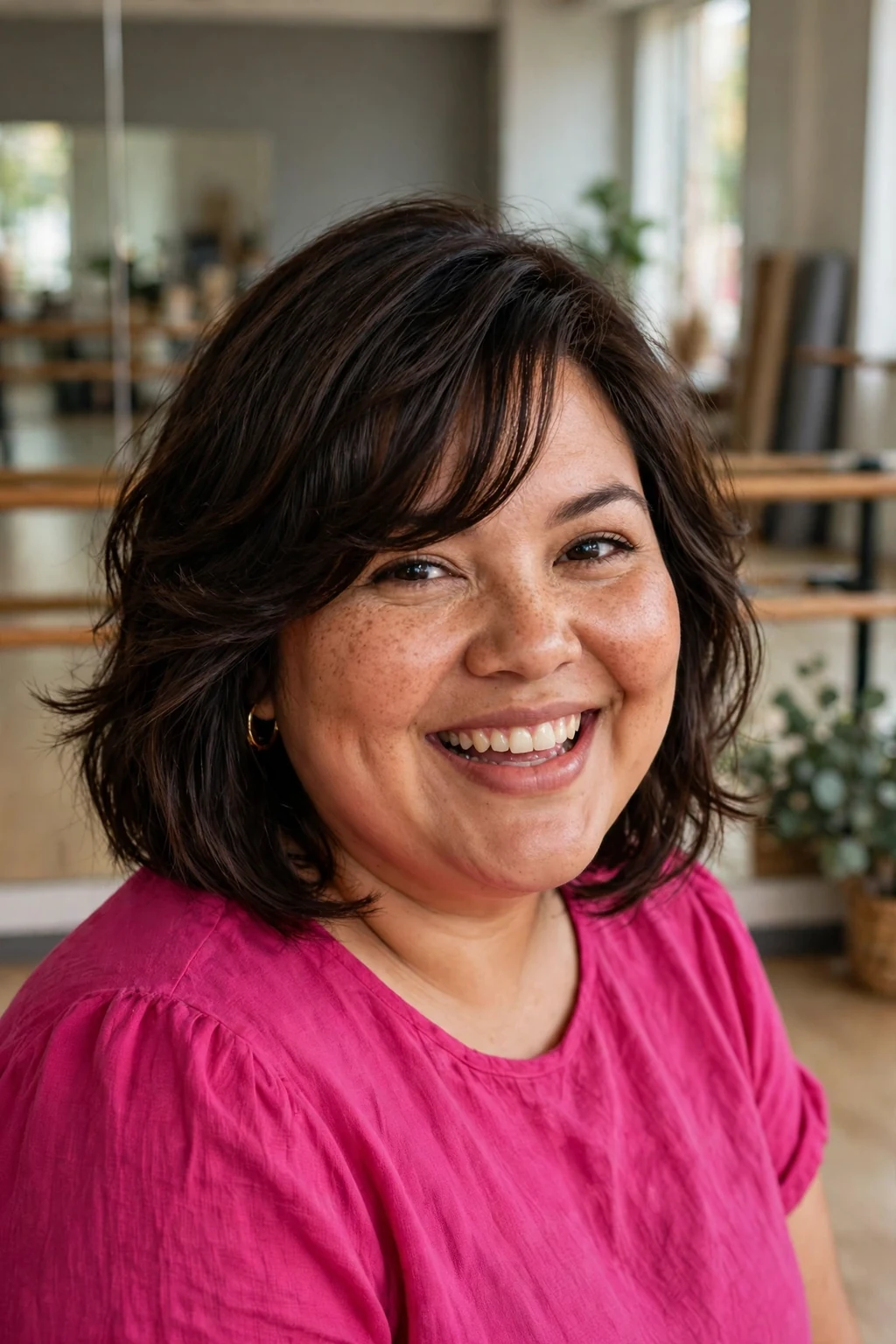 Plus-size Latina woman in her thirties with a side-swept bangs lob, wearing a fuchsia top in a dance studio.