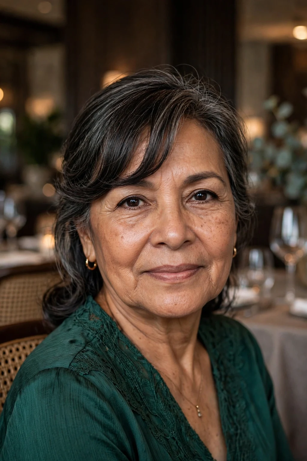 Beautiful older woman with side-swept bangs, elegant side-swept bangs, graceful light.