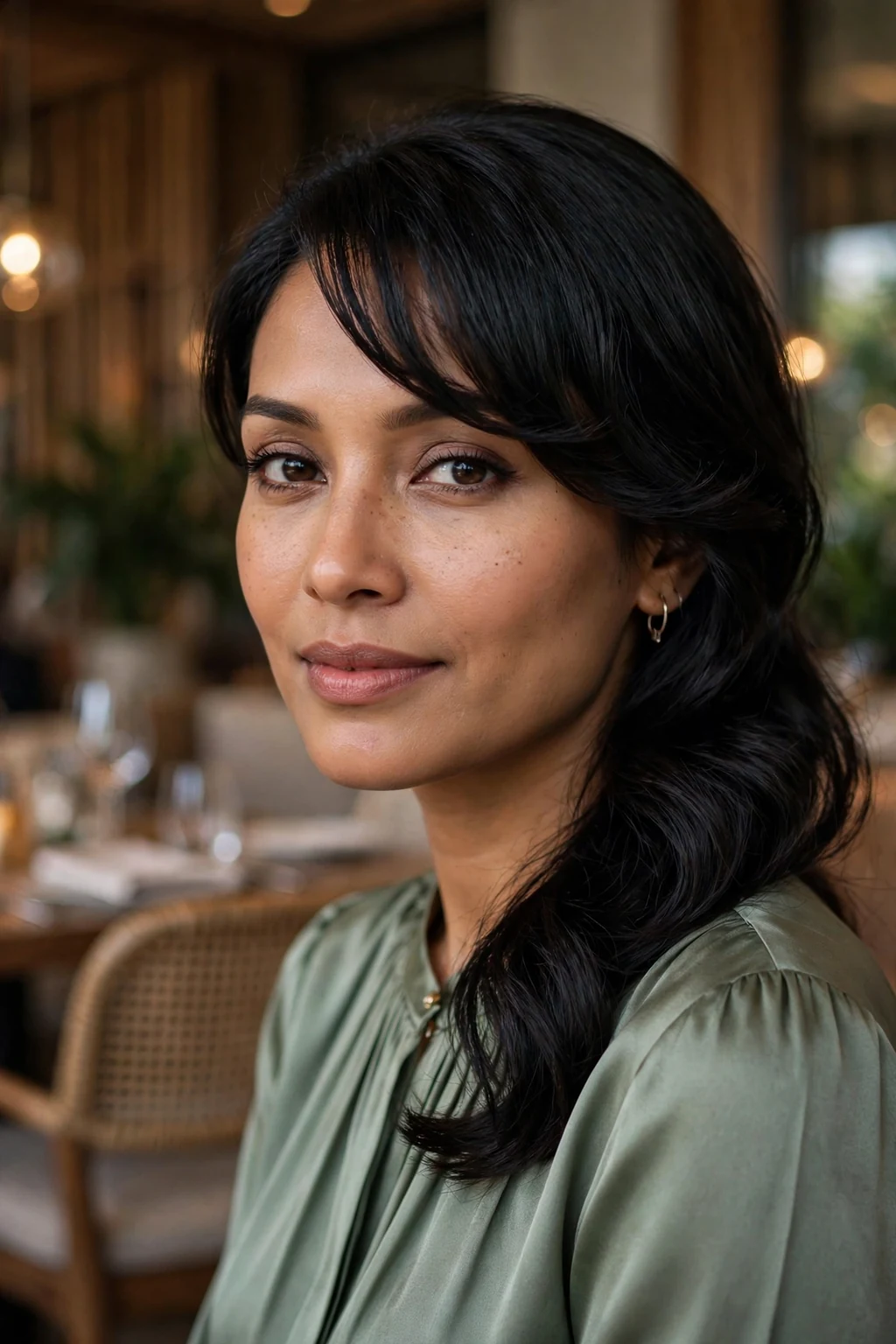 Beautiful woman with side-swept bangs, elegant side-swept bangs, graceful light.