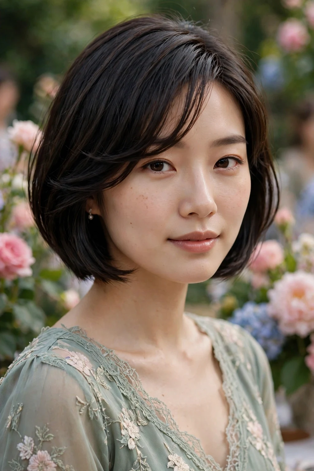 Beautiful woman with side-swept bob bangs, elegant side-swept bob bangs, graceful light.