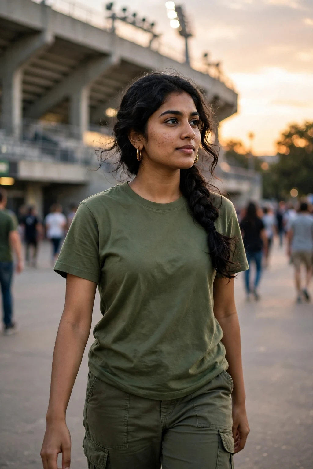 Young woman walking to a stadium in a team tee with a long side swept braid.