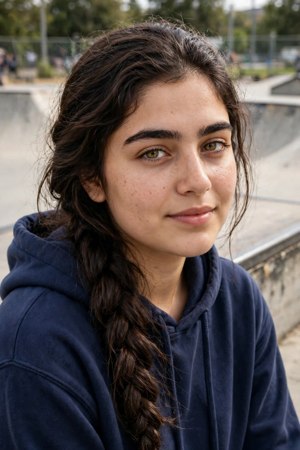 A young woman with a loose side-swept braid, wearing a navy hoodie at a skate park.