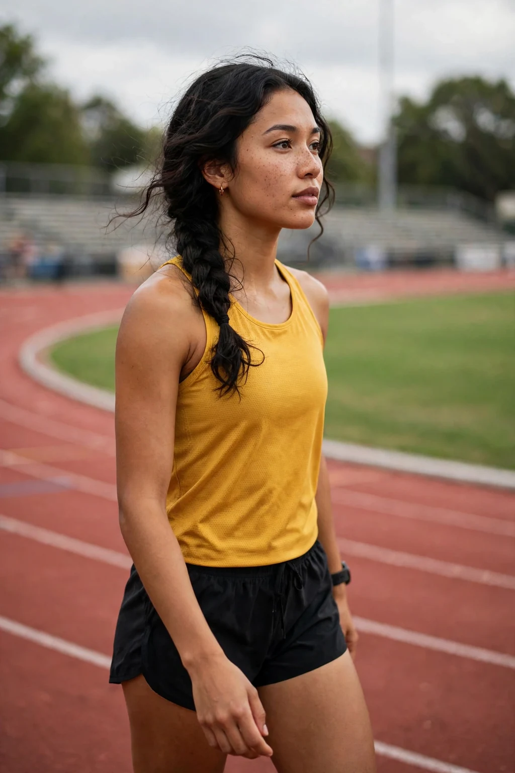 A young woman athlete with a side swept braid on a track.
