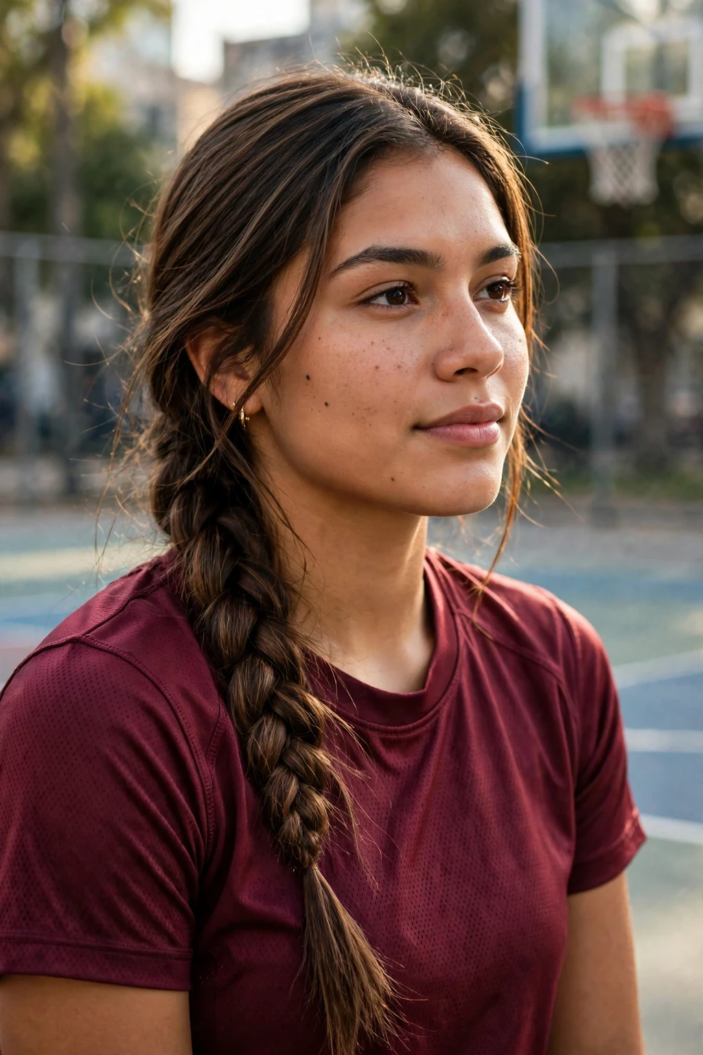 Young woman athlete with a side swept braid, wearing a maroon jersey.