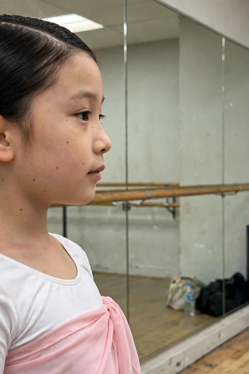 A young girl with a side-swept braided bun low behind one ear, in a dance studio.