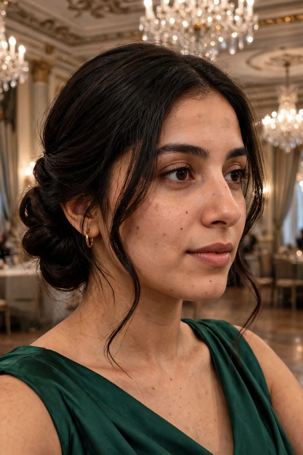 A young woman with a side-swept chignon updo, elegant bun at one side of the nape, in an evening venue setting.