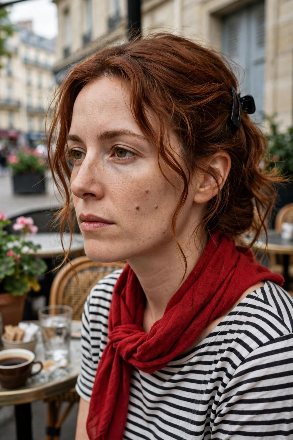 A young woman with wavy auburn hair in a side-swept twist secured with a claw clip.