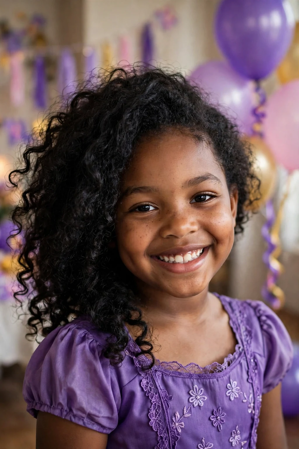 A young girl with glossy side-swept curls over one shoulder at a birthday party.