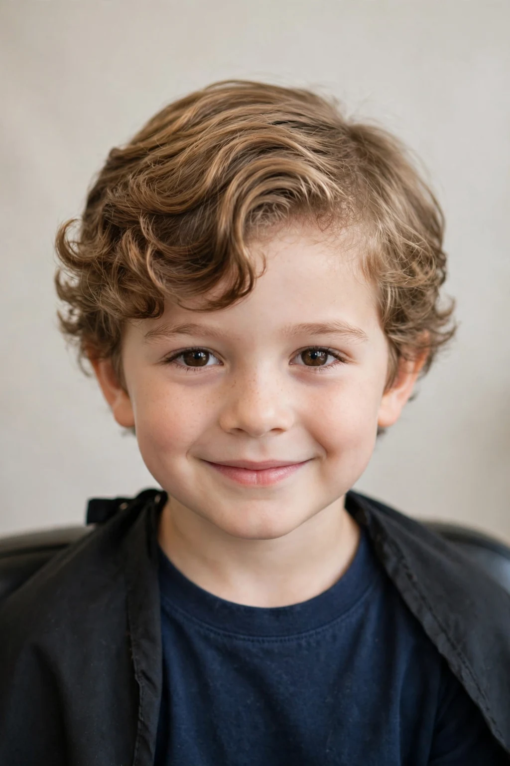 Sweet boy with side-swept curly hair, curls swept to one side, gentle soft lighting.
