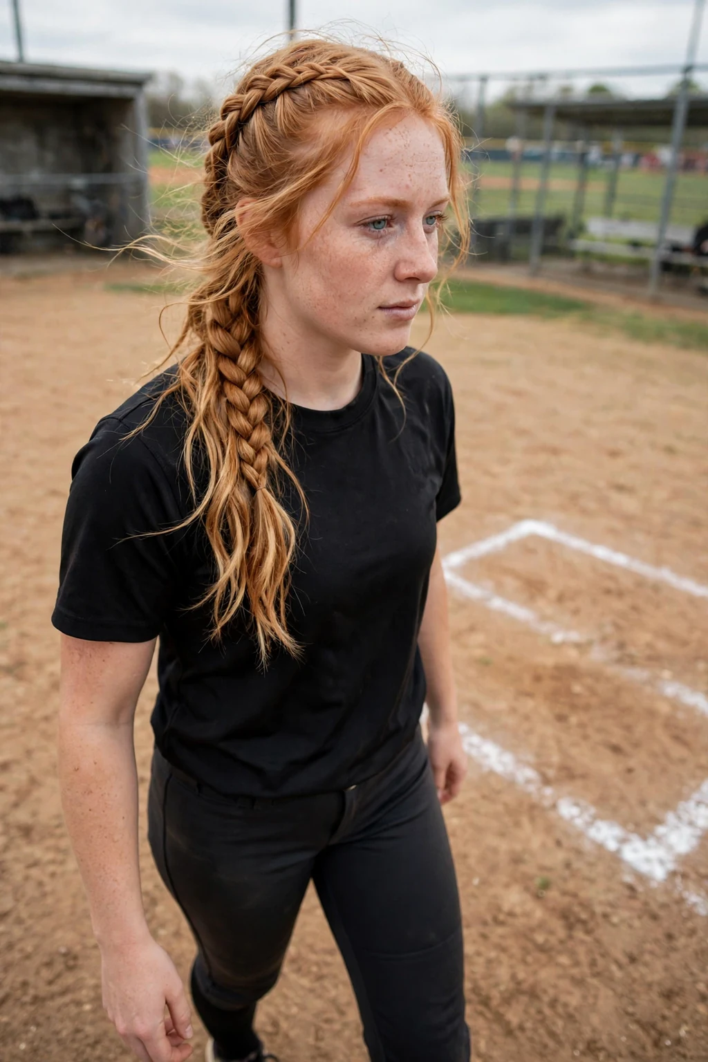 Young softball player with a side-swept Dutch braid, walking to the batter's box.