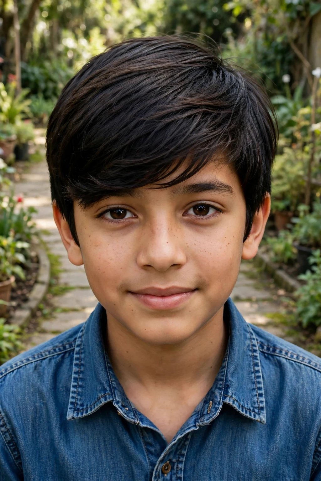 A boy with a side swept fringe haircut, long fringe swept across the forehead, on a garden path wearing a denim shirt.